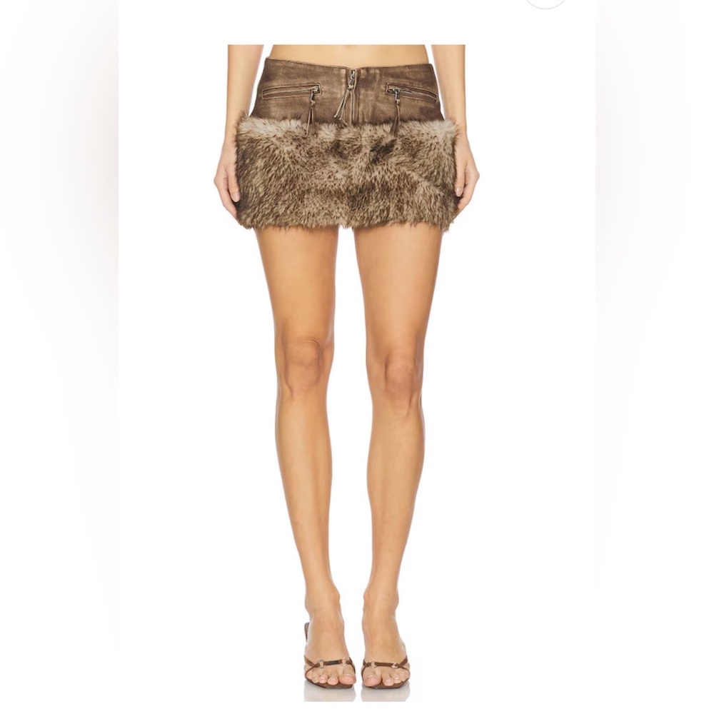 Jaded London Pu Faux Fur Mini Skirt in Brown Size 6 NWT